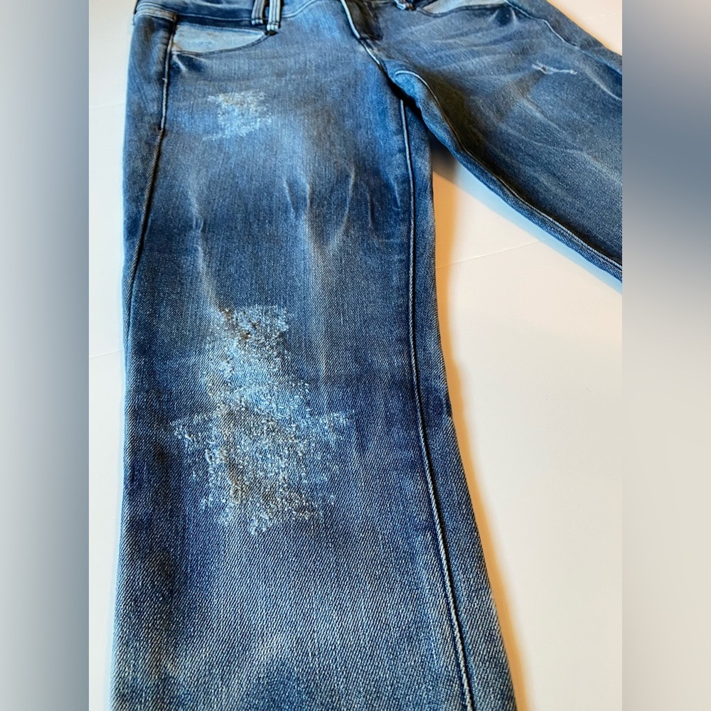 Bebe Patchwork and Distressed Skinny Stretch Blue Jeans, Size 27 - Picture 2 of 9